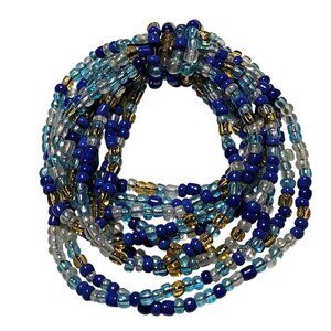 Statement Blue Gold Seed Beaded Multi Strand Stretch Bracelet Fashion Jewelry